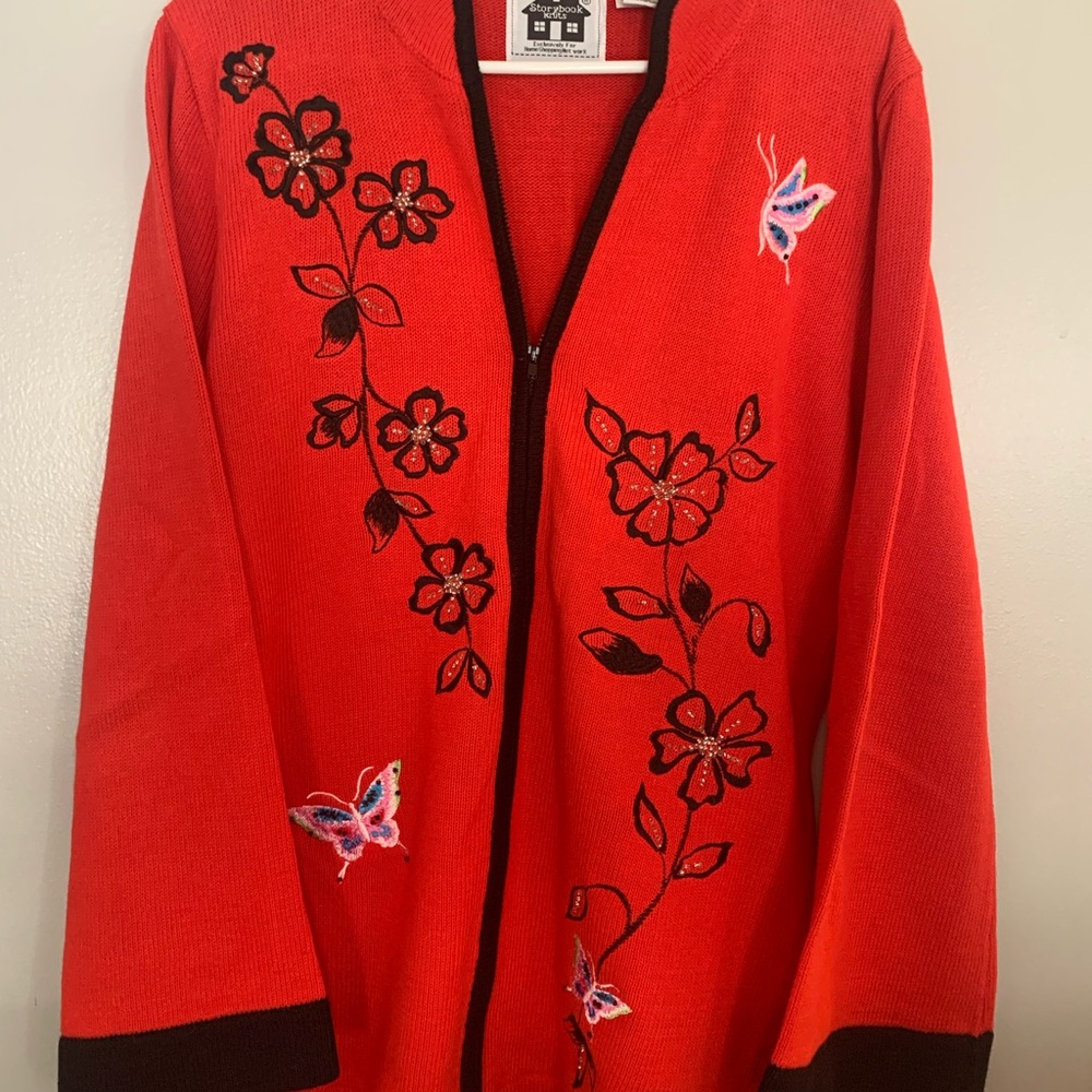 Storybook Knits Red Floral Cardigan